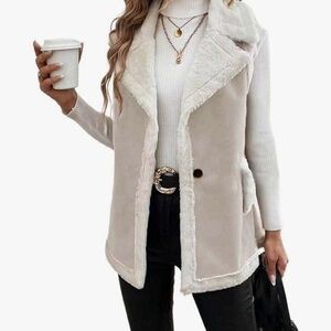 size large tan/cream Sherpa Faux Lambswool Suede Leather Vest Jacket Sleeveless